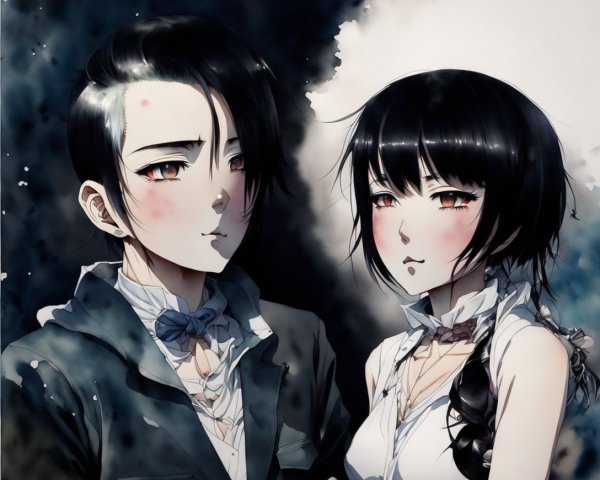 Anime Characters with Watercolor Background and Details