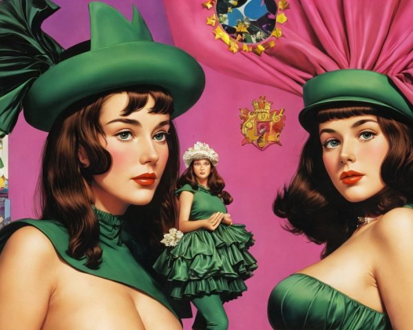 Three Women in Green Outfits Against Pink Backdrop