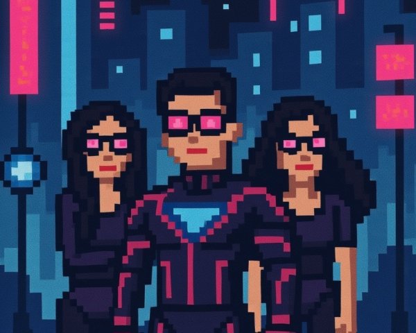 Pixel Art Cityscape with Superheroes Under Stars