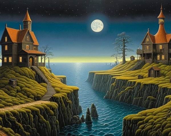Surreal Landscape with Dark Houses and Moonlit Hills