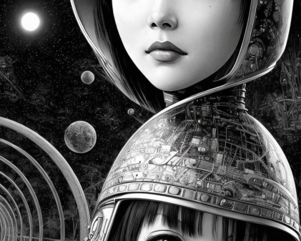 Young Women in Space Helmets Against Cosmic Background