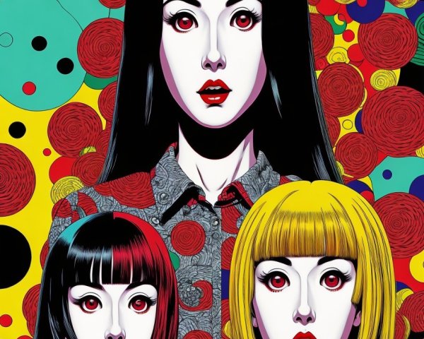 Three Stylized Figures with Colorful Background