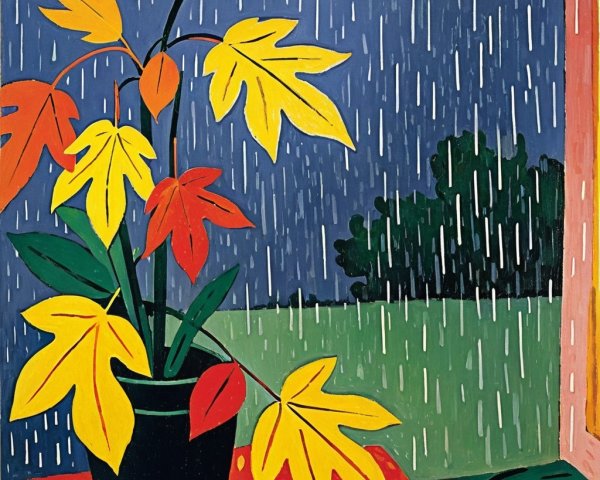 Indoor Scene with Colorful Plant and Rainy Window