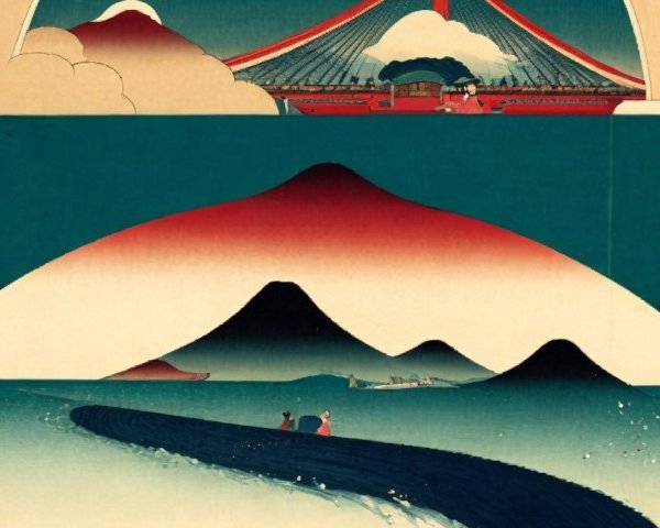 Futuristic Japanese Landscape in Ukiyo-e Style Illustration