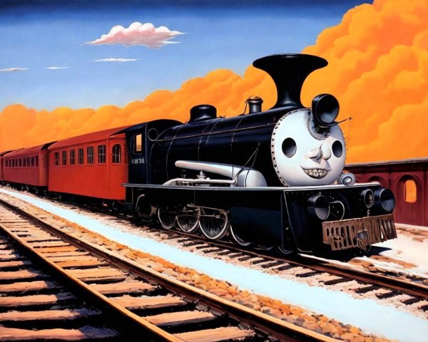 Whimsical Steam Locomotive on Vibrant Tracks
