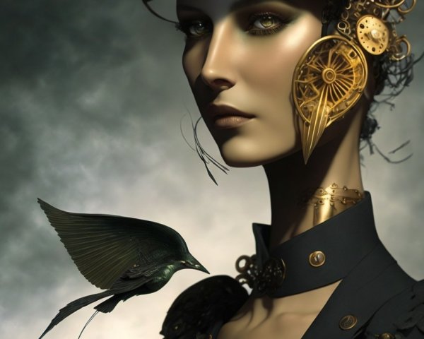 Futuristic Steampunk Figure with Bird Companion