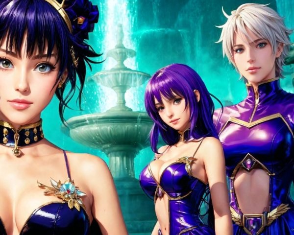Three Elegant Characters by a Shimmering Fountain