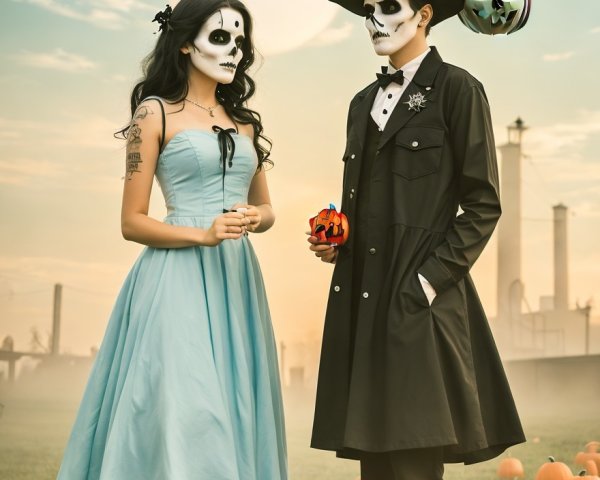 Couple in Pumpkin Patch with Halloween Theme