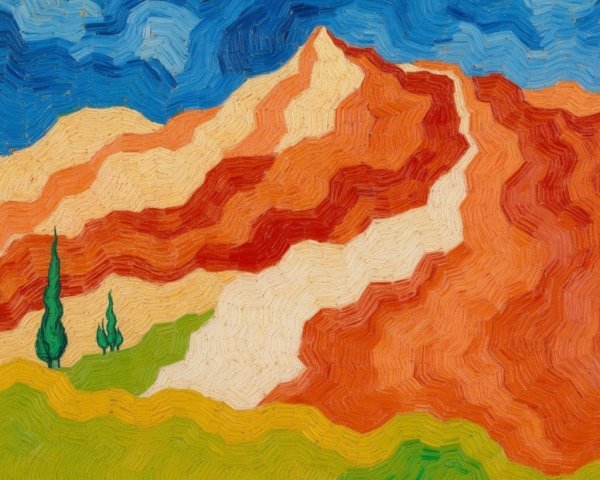 Vibrant landscape painting with rolling hills and sky