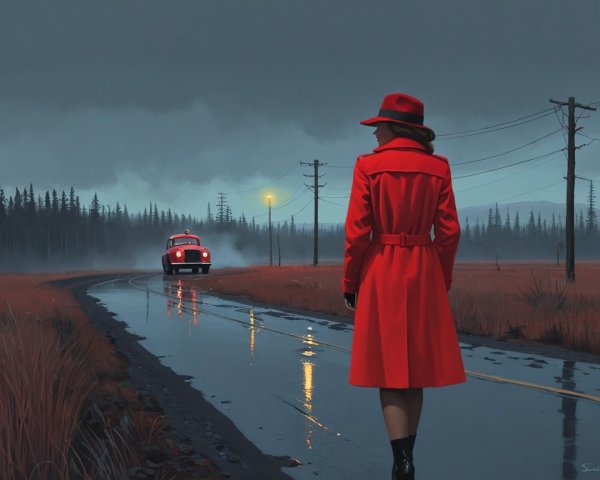Red-Coated Figure on Desolate Road with Vintage Bus