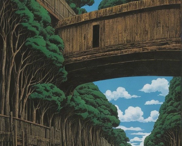 Surreal Landscape with Treehouses and Wooden Bridge