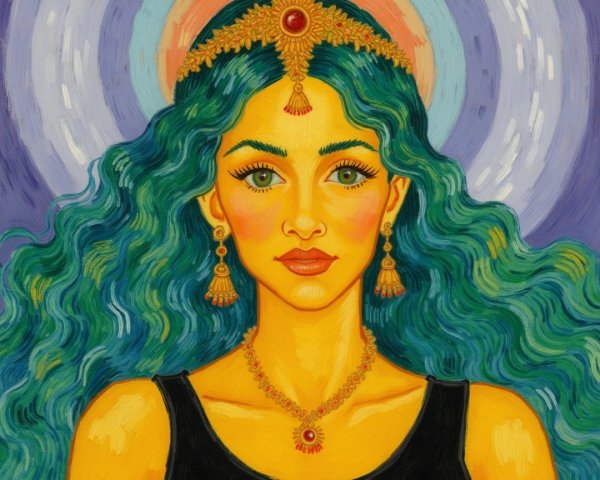 Vibrant portrait of a woman with teal hair and halo