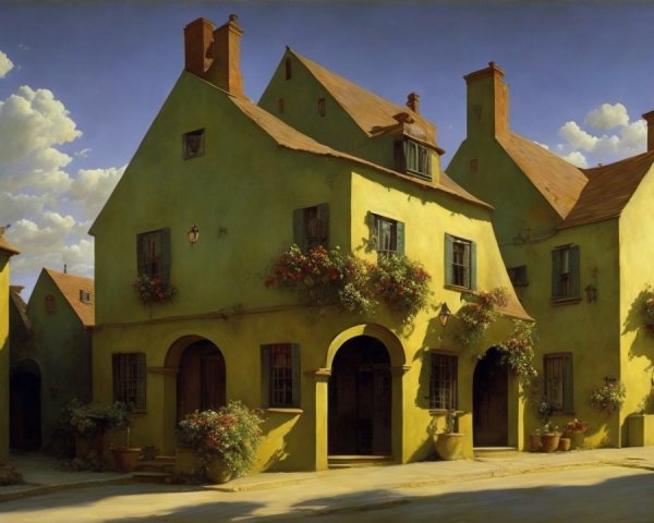 Whimsical Yellow Houses with Green Accents and Flowers