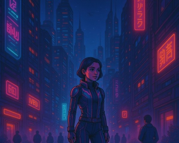 Cyberpunk Cityscape with Futuristic Woman in Suit