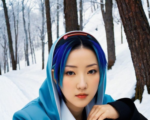 Young person with blue and black hair in snowy landscape