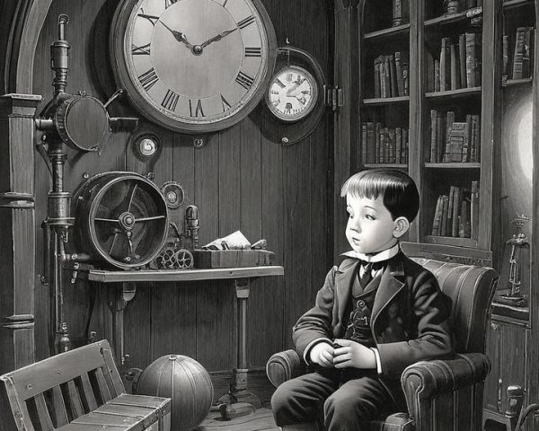 Young boy in vintage steampunk room with clocks