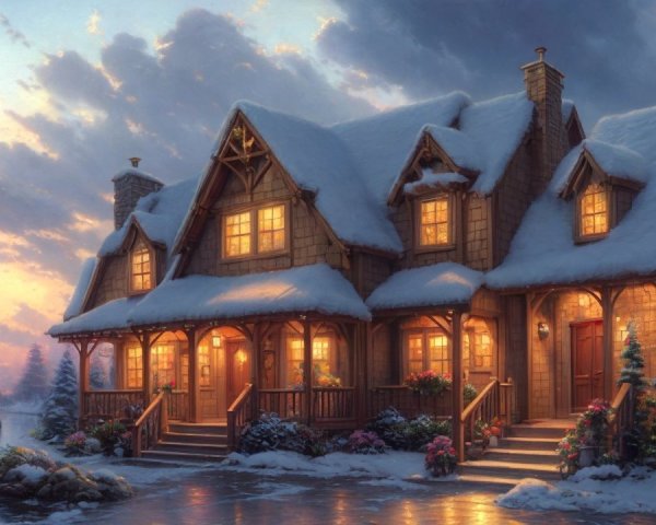 Cozy Cottage in Snow with Warm Light and Scenic View