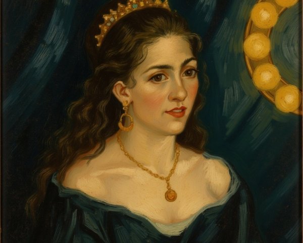 Woman in Elegant Blue Dress with Crown and Jewelry