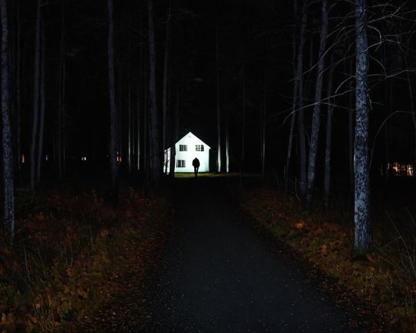 Solitary Figure on Dim Path to Illuminated House