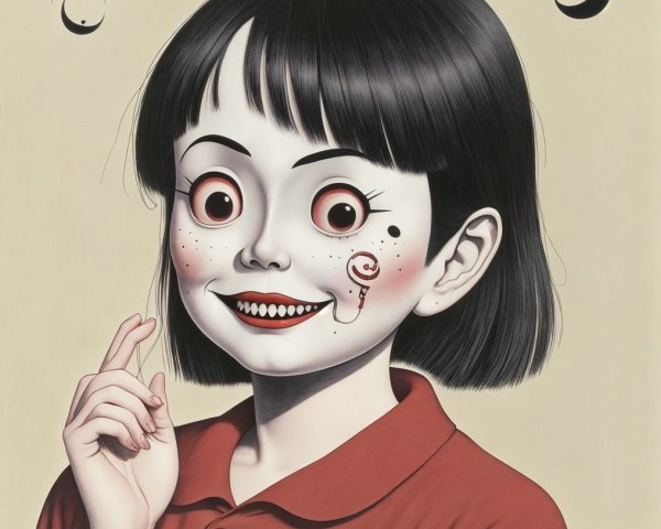 Stylized Illustration of a Young Girl with Eerie Smile