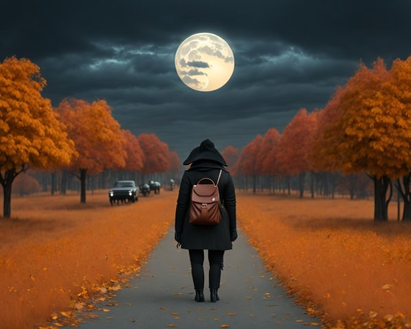 Lone Figure on Winding Path Under Night Sky