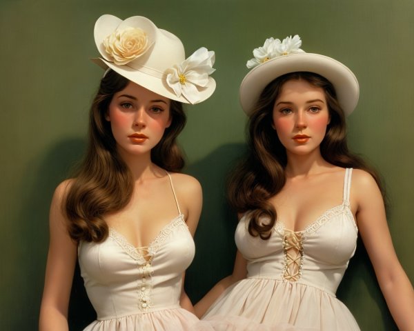 Elegant Young Women in Vintage Fashion with Floral Hats