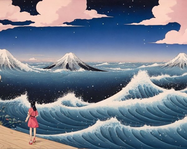 Serene landscape with figures on a wooden pathway
