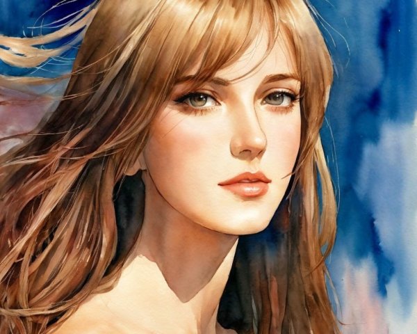 Portrait of a Young Woman with Flowing Hair and Blue Background