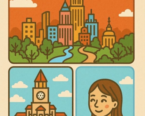 Colorful Illustration of City Skyline and Clock Tower
