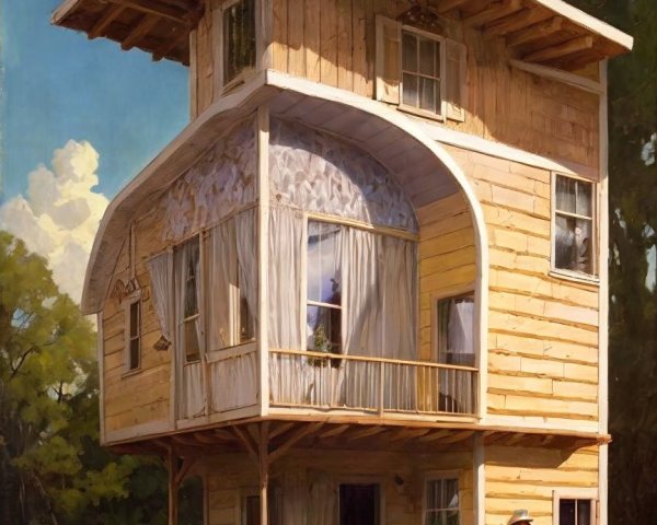Whimsical Three-Story Wooden House with Porch and Flowers