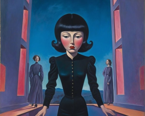 Young Woman in Black with Ethereal Figures and Landscape