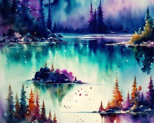 Vibrant Watercolor Landscape of a Serene Lake