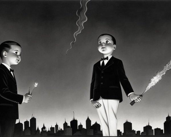 Boys in Formal Attire with Fireworks in Urban Setting