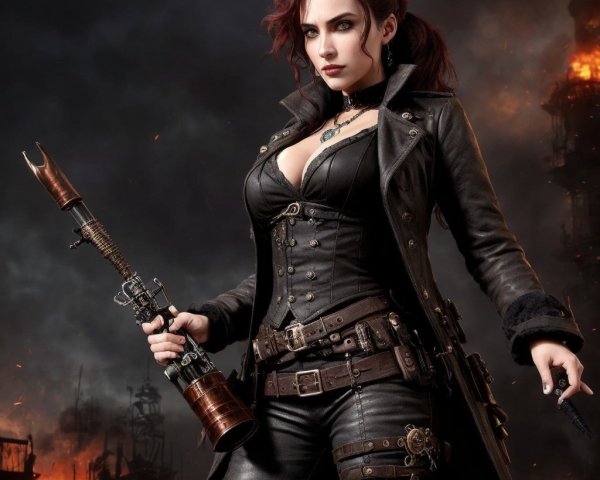 Fierce Female Character in Fiery Dramatic Setting