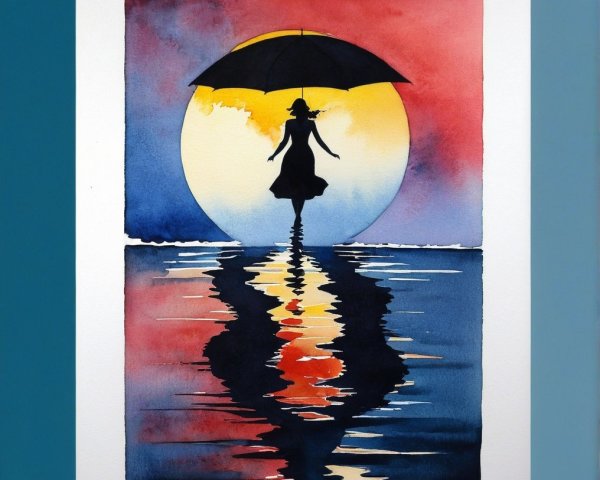 Silhouette of Woman with Umbrella at Vibrant Sunset
