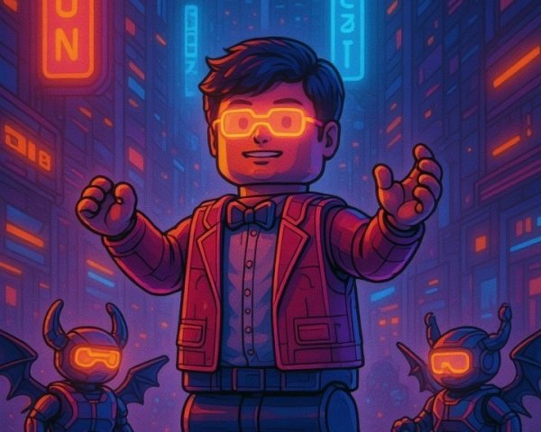 LEGO Figure in Neon City with Robot Companions