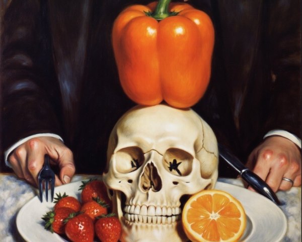 Skull on Plate with Bell Pepper and Fresh Fruit