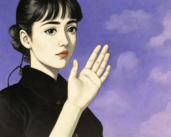 Young Woman in Black Outfit Against Purple Background