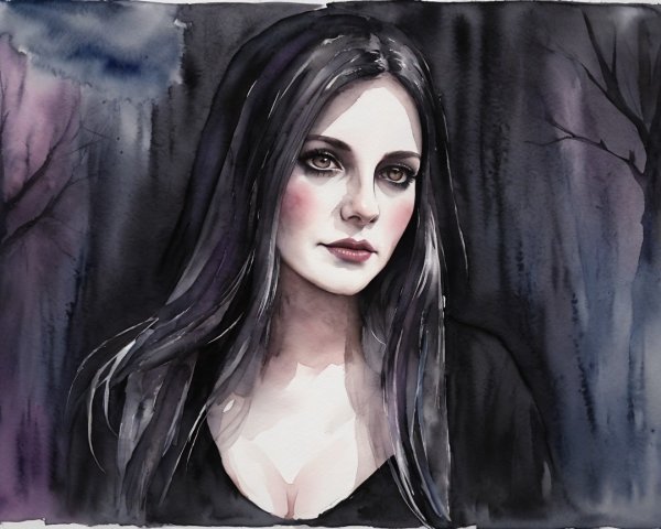 Dark Watercolor Portrait of Woman in Misty Forest