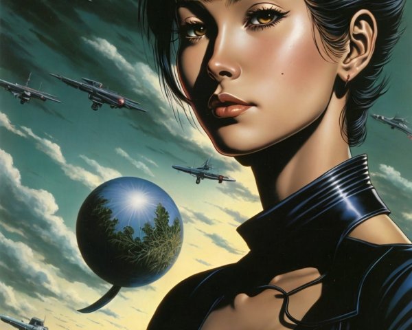 Digital Artwork of Confident Woman with Aircraft and Globe