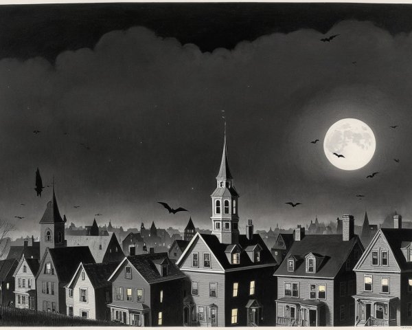 Spooky Nighttime Scene of Victorian Houses and Bats