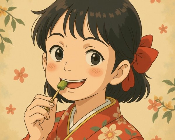 Cheerful girl in traditional kimono enjoying a snack
