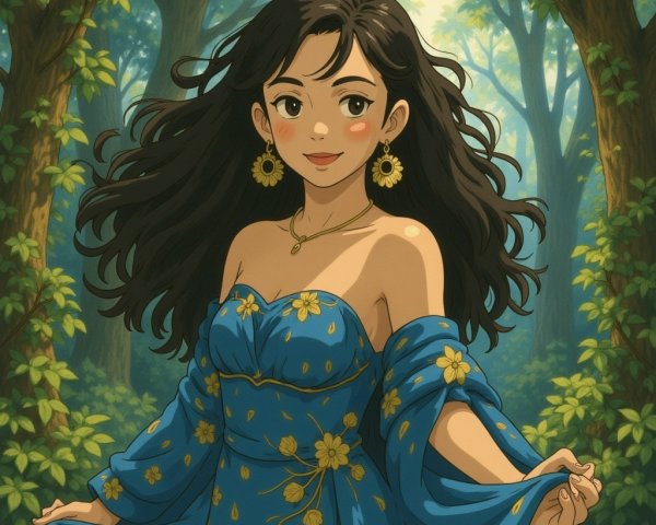 Young woman in blue dress amidst lush forest scenery