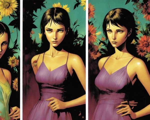 Triptych of a Woman with Floral Backgrounds
