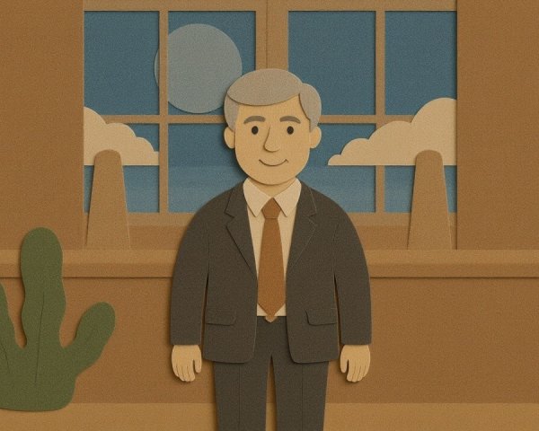 Cartoon Character in Suit by Window with Cactus