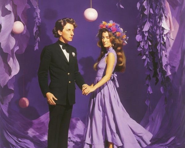 Couple in Elegant Attire Against Purple Floral Backdrop