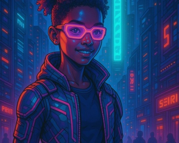 Futuristic cityscape with neon lights and a girl