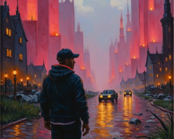 Surreal Urban Landscape with Bright Spires and Rain