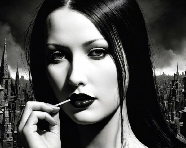 Striking Woman in Monochromatic Cityscape Background