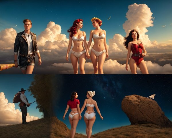 Surreal Landscape with Vintage Swimwear and Night Scene